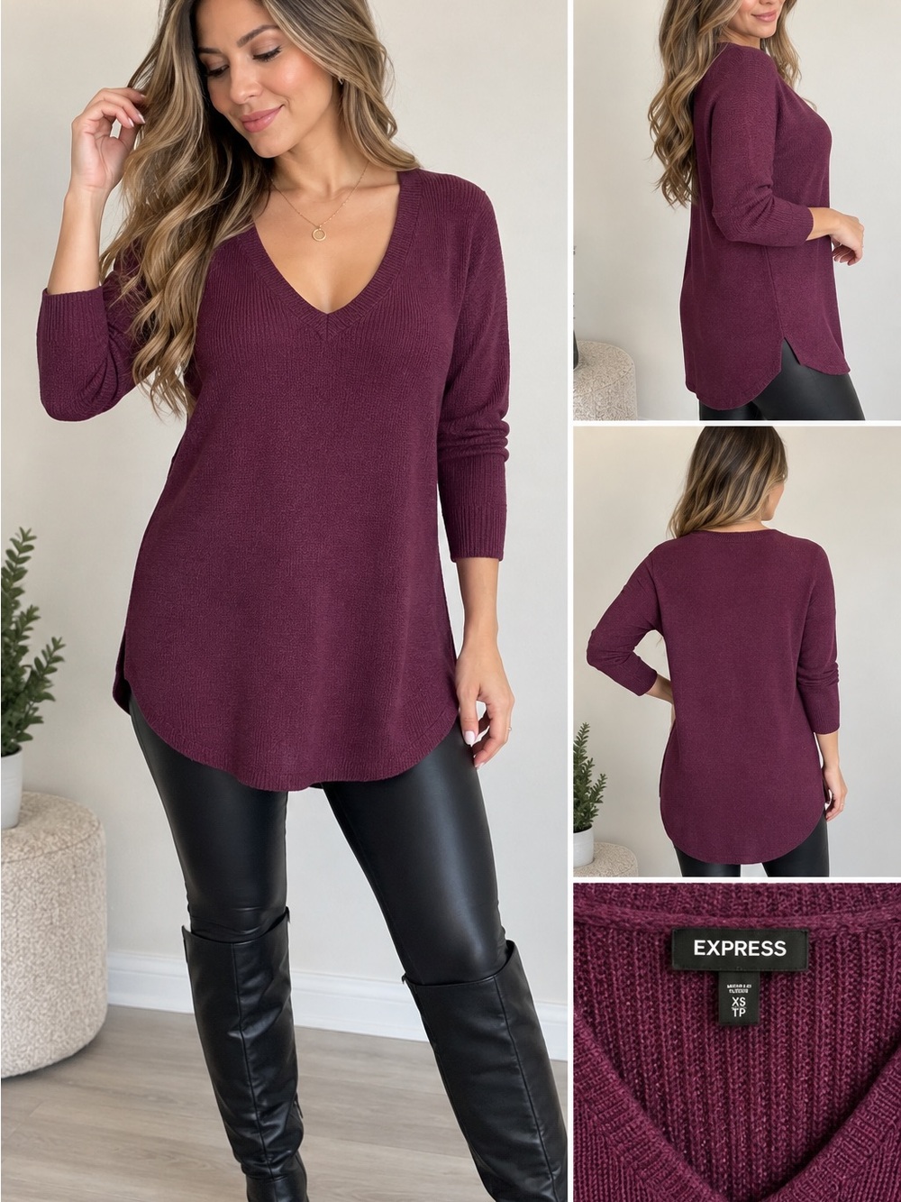 Express Women's V-Neck Tunic Sweater in Plum